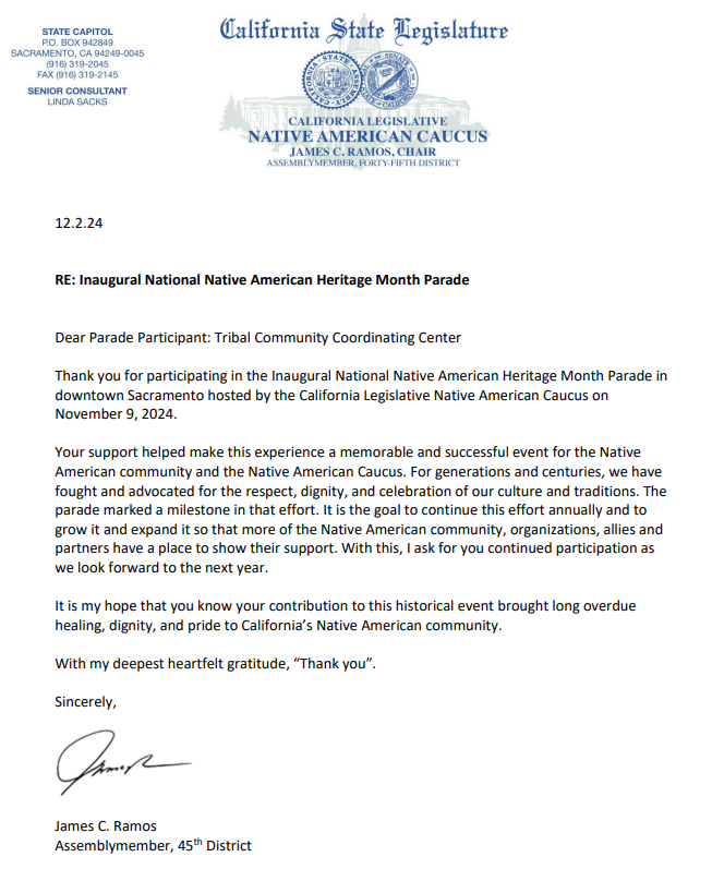 Thank you from the office of assembly member Ramos for participation in the Inaugural National Native American Heritage Month Parade.